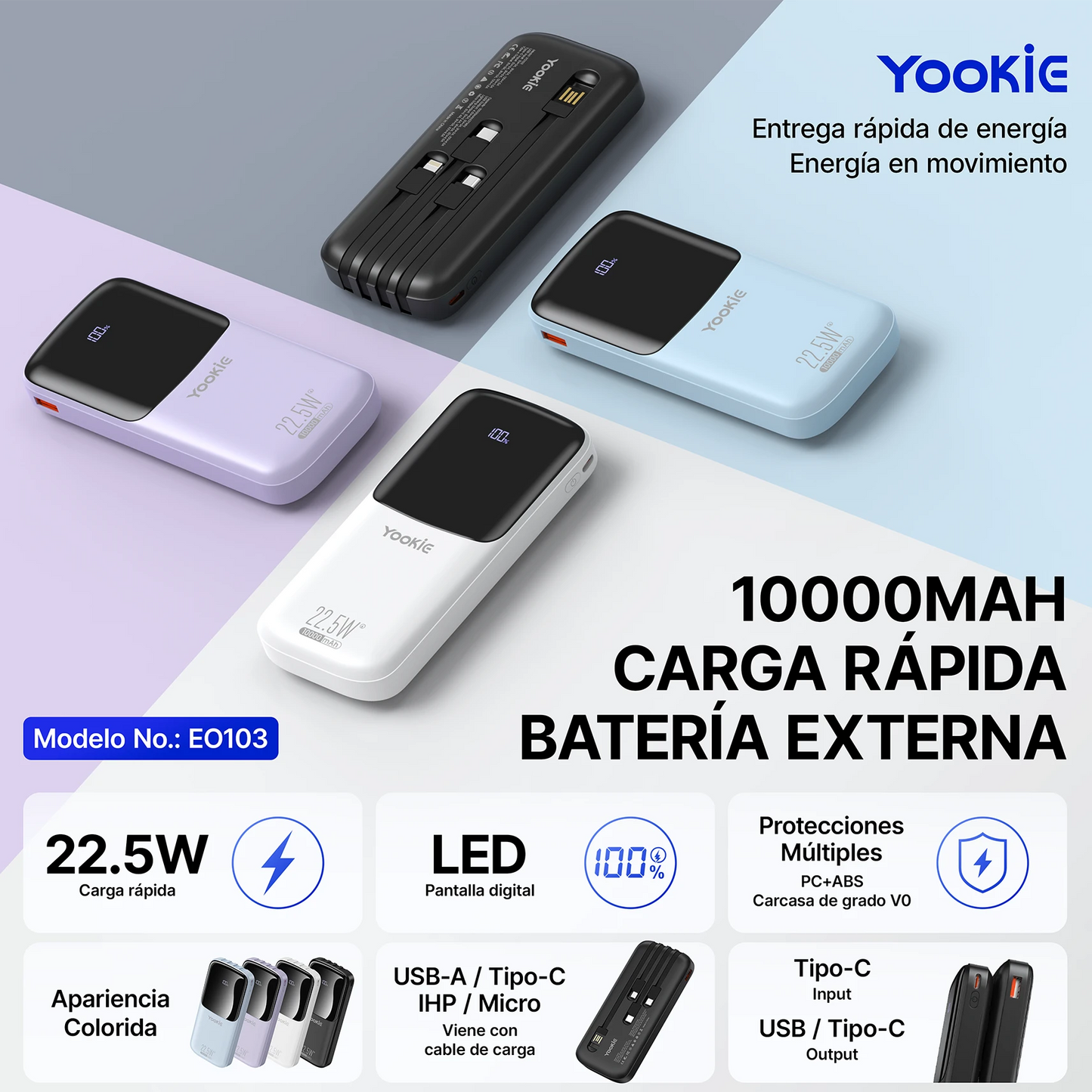 Power Bank Yookie EO103 | 10000mAh Carga Rápida
